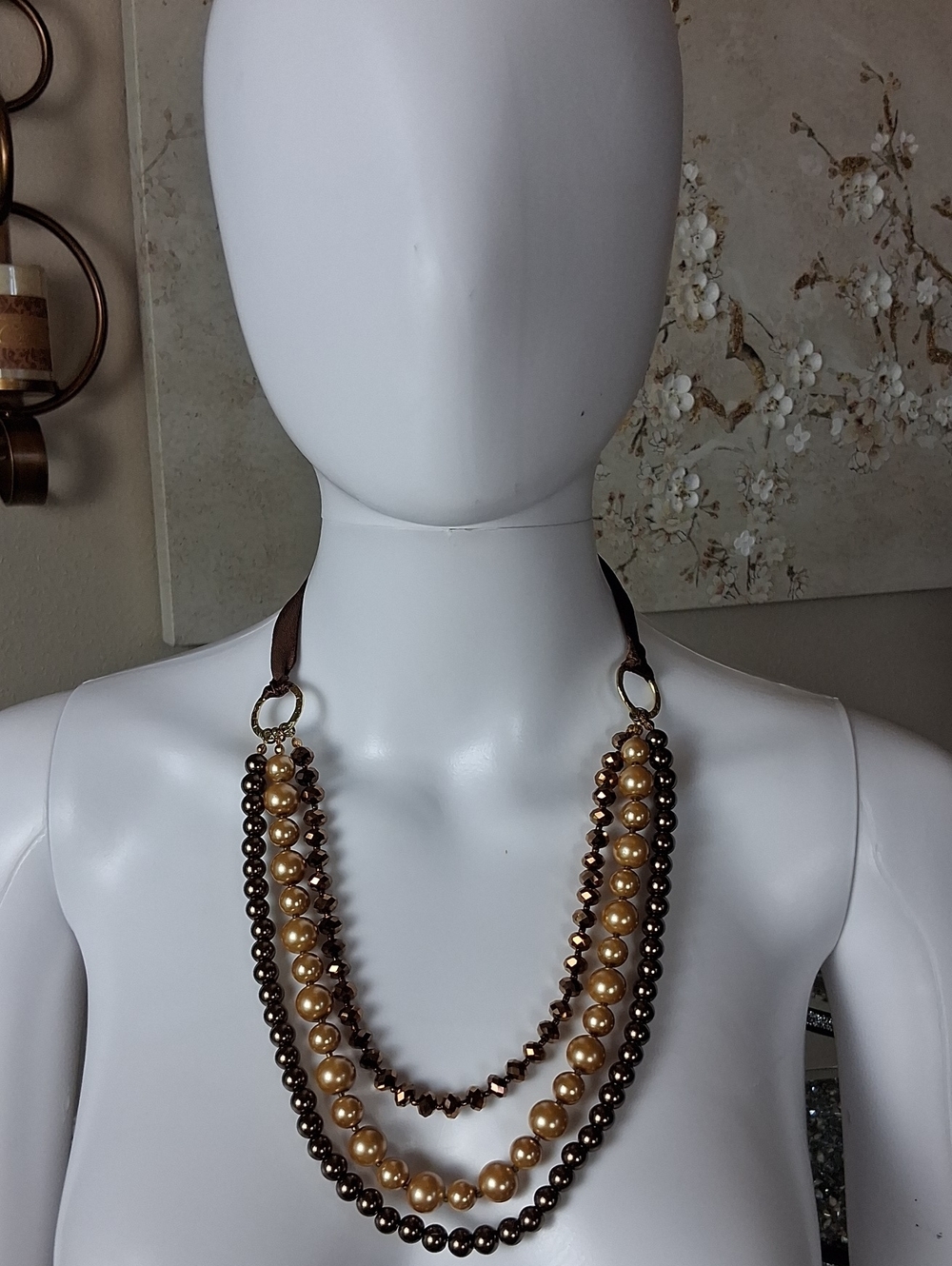 Women's Elegant Brown And Gold Faux Pearl Multi-Strand Statement Necklace - Picture 9 of 14
